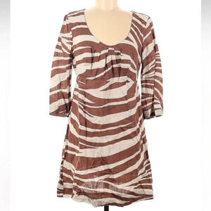 Boden Linen Dress Brown White Zebra Animal Print Summer 3/4 Sleeve Size 8 Medium